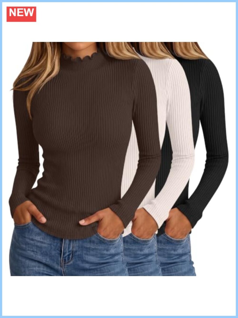 Ribbed Mock Neck Long Sleeve Slim Fit Tops 3 Pack Lettuce Trim Tees